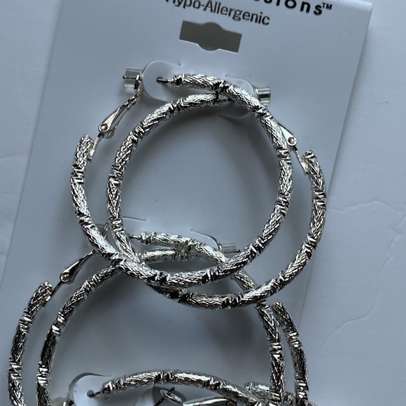 Pure Expressions Hypo-Allergenic Silver Tone Texture Hoop Earrings Set of 3 - Picture 3 of 12